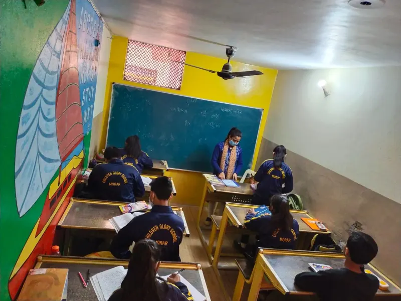 Students learning in a classroom at Children Glory High School, Morar, Gwalior
